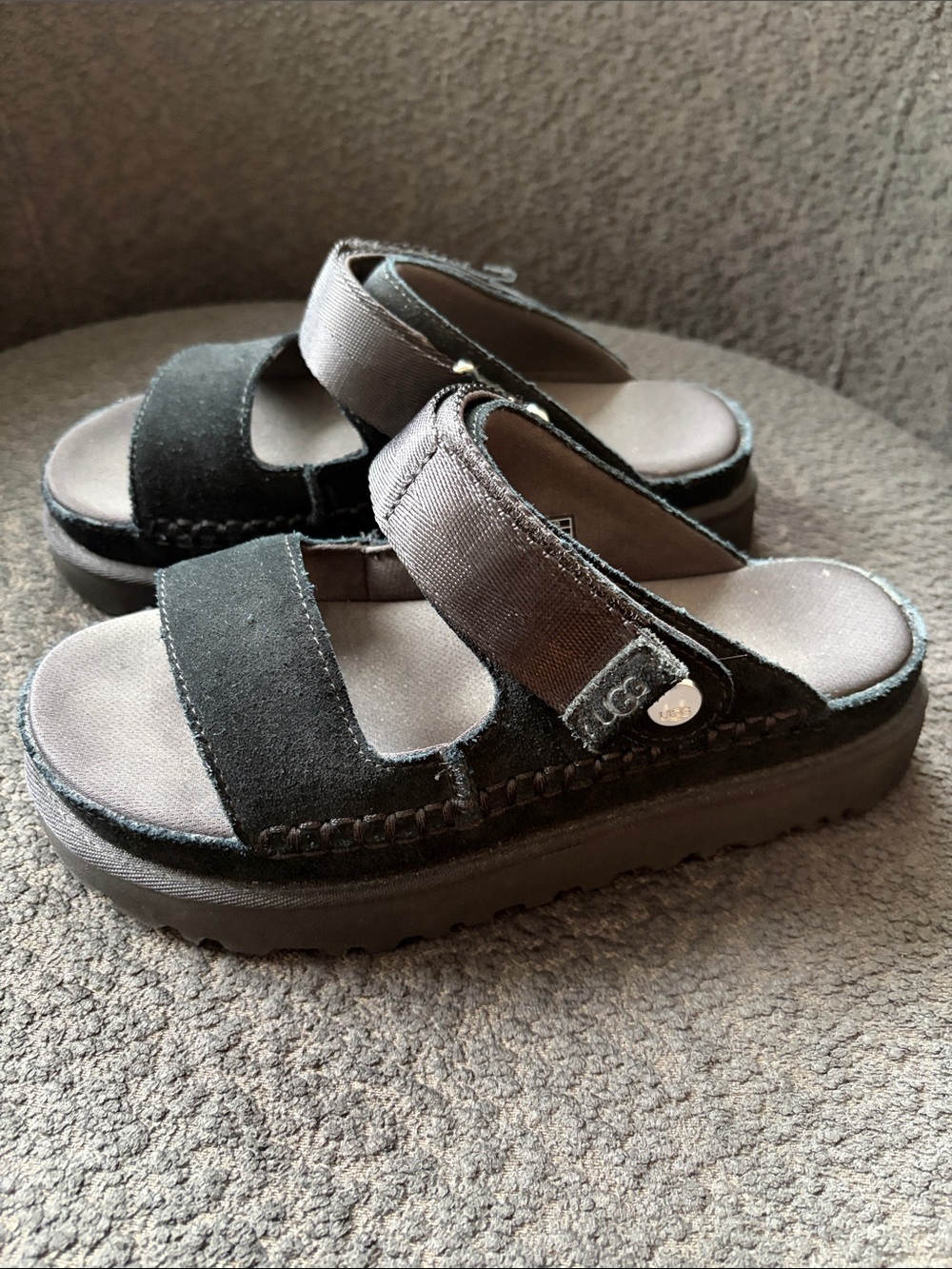 UGG - Black Suede Slide Sandals with Adjustable Straps
